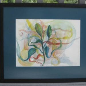 A painting of leaves and swirls in a frame.