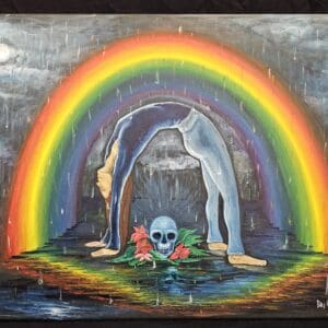 A painting of a rainbow and skull in the water