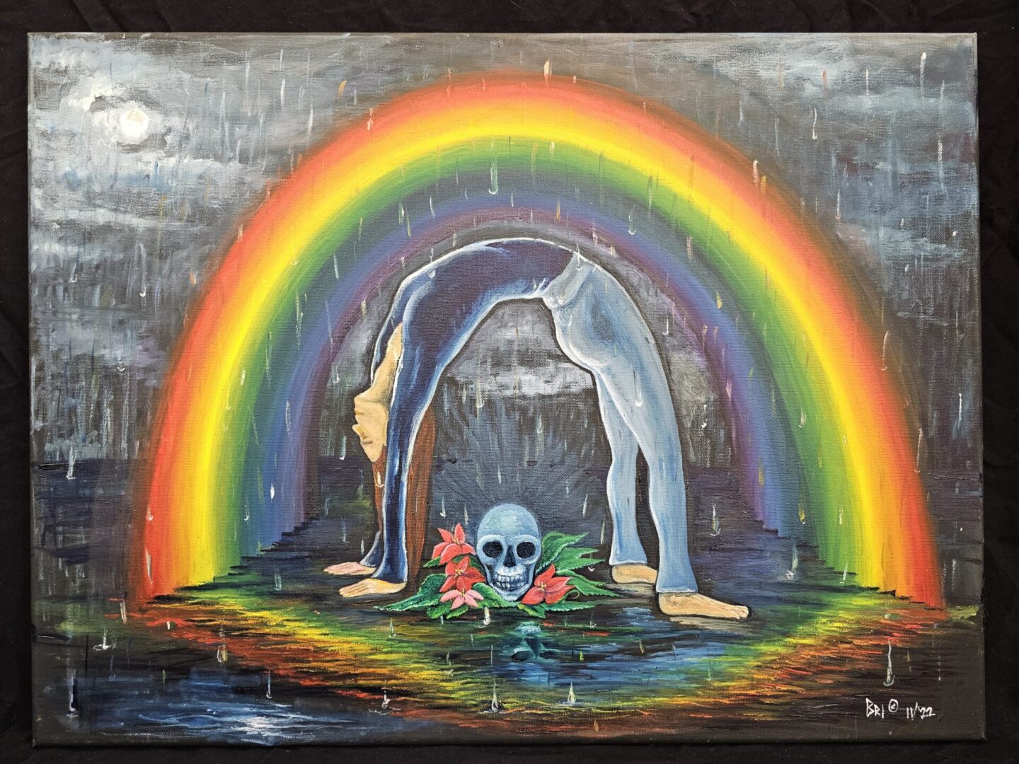 A painting of a rainbow and skull in the water
