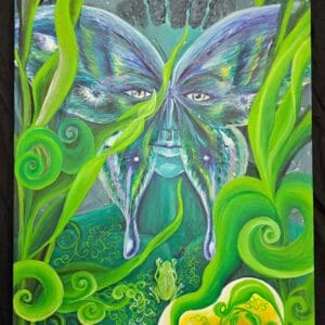 A painting of a green man with eyes open.