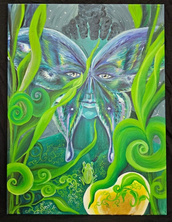 A painting of a green man with eyes open.