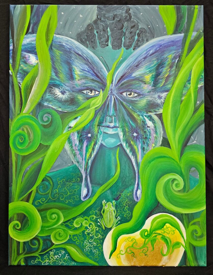 A painting of a green man with a yellow frog in the background.