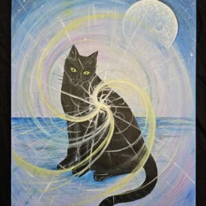 A painting of a cat sitting on the beach