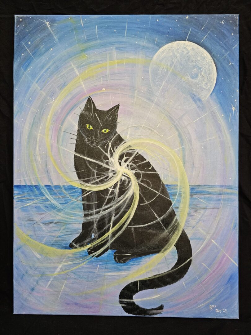 A painting of a cat sitting on the beach