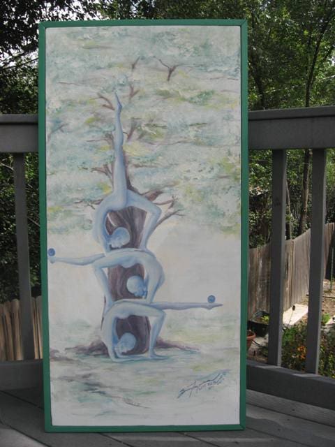 A painting of a tree with three people on it