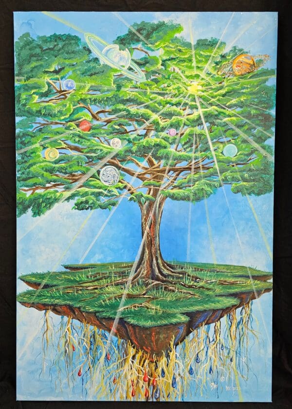 A painting of a tree with roots and sun shining through the leaves.