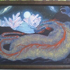 A painting of a dragon with flowers in the background.