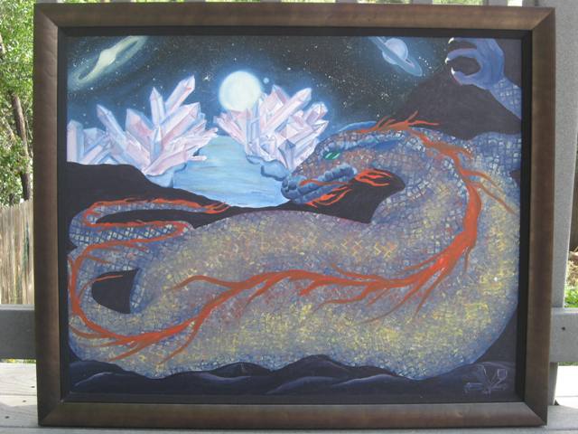 A painting of a dragon with flowers in the background.