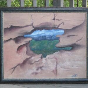 A painting of a tree in the middle of a crack.