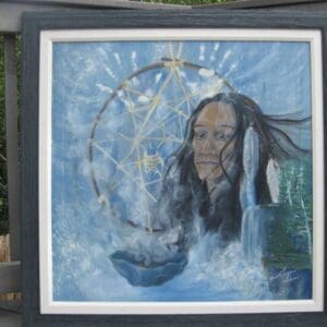 A painting of a native american with a bowl