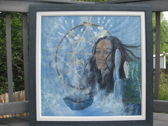 A painting of a native american with a bowl in front of him.