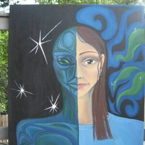 A painting of a woman with blue and green paint on it.