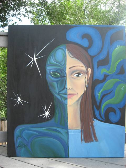 A painting of a woman with long hair and blue eyes.