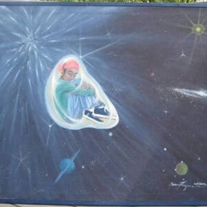 A painting of a person sitting in space