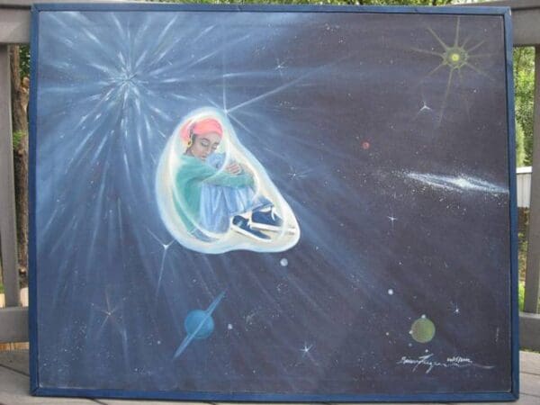 A painting of a person sitting in space