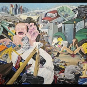 A painting of people and trash on the ground.