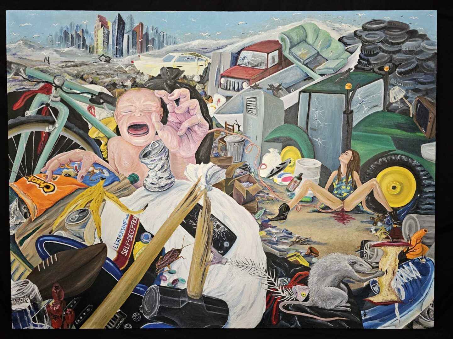 A painting of people and trash on the ground.