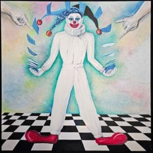 A painting of a clown with hands reaching out to the ground.