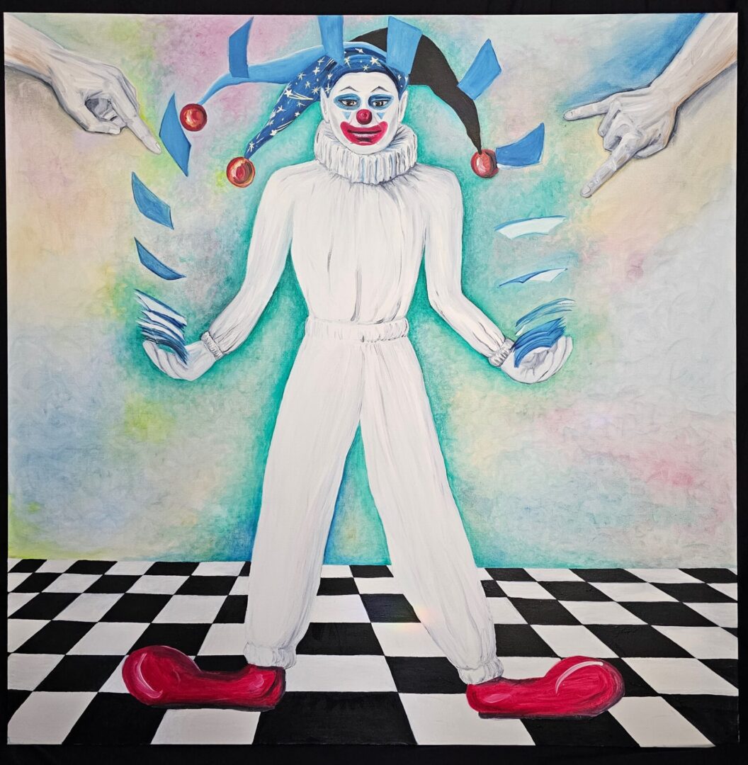 A painting of a clown with hands reaching out to the ground.