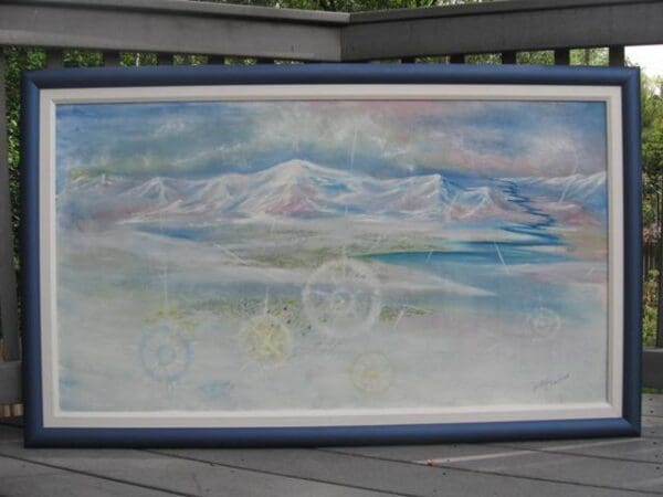 A painting of mountains and clouds on the ground.