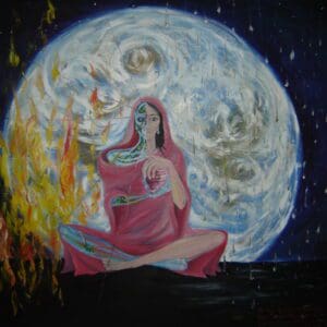 A painting of a woman sitting in front of the moon.