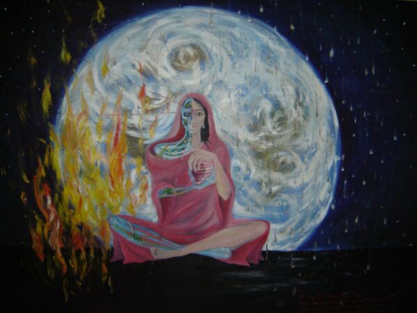 A painting of a woman sitting in front of the moon.